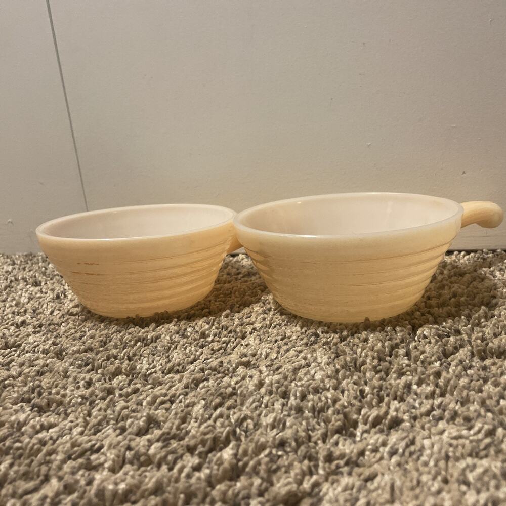 Fire King Glass Soup Bowls (2) Handle Peach Lustre Beehive Vintage Mid Century